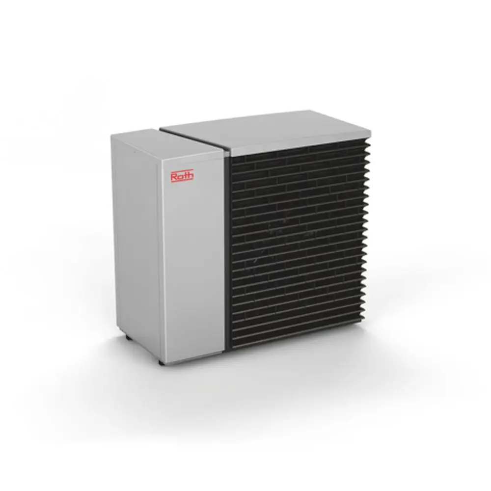Roth Wärmepumpe in kompaktem Design, mit einer schwarzen Lamellenfront und grauem Gehäuse, geeignet für die Heizung von Wohnräumen.